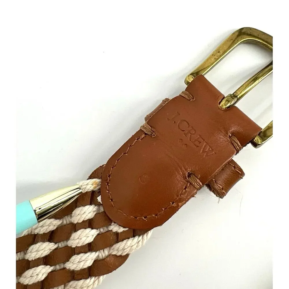 J.Crew Braided Rope & Leather Belt Size S Woven Nautical Gold Buckle Brown Cream - Picture 2 of 7